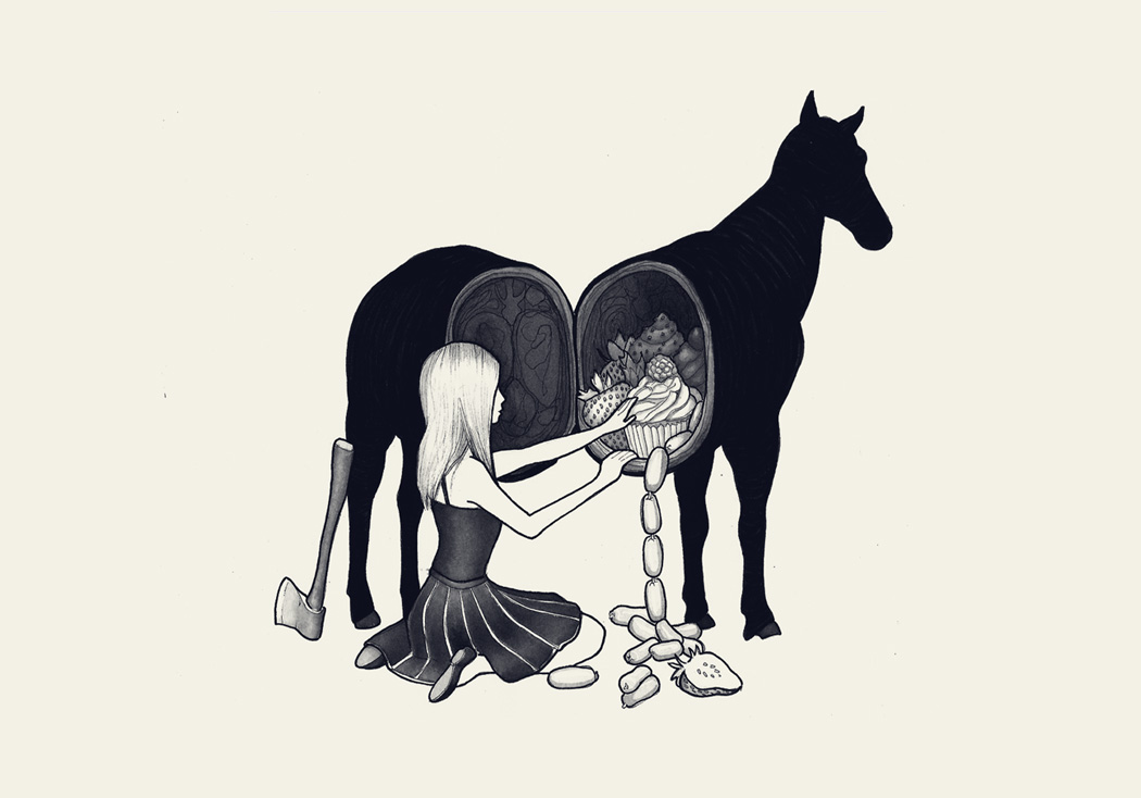 ink drawing of a young girl with an axe removing party food from inside a horses belly