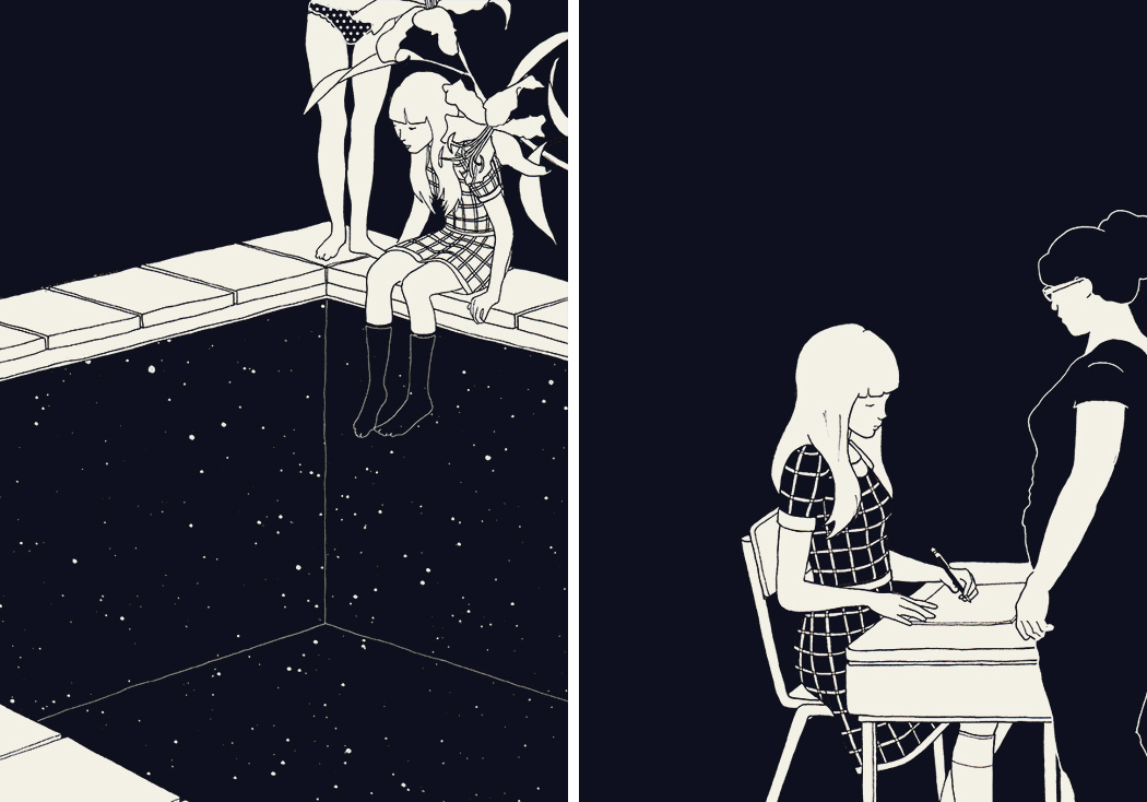 Ink drawings of two girls next to a swimming pool filled with stars, and a girl sitting at a school desk