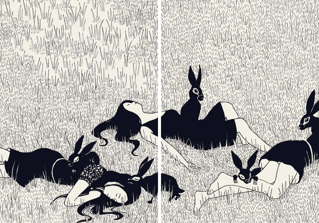Ink drawing of rabbits emerging from three girls sleeping on the grass